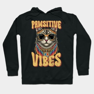 Pawsitive Vibes, Retro Groovy Style Hippie Cat Lover Design Hoodie